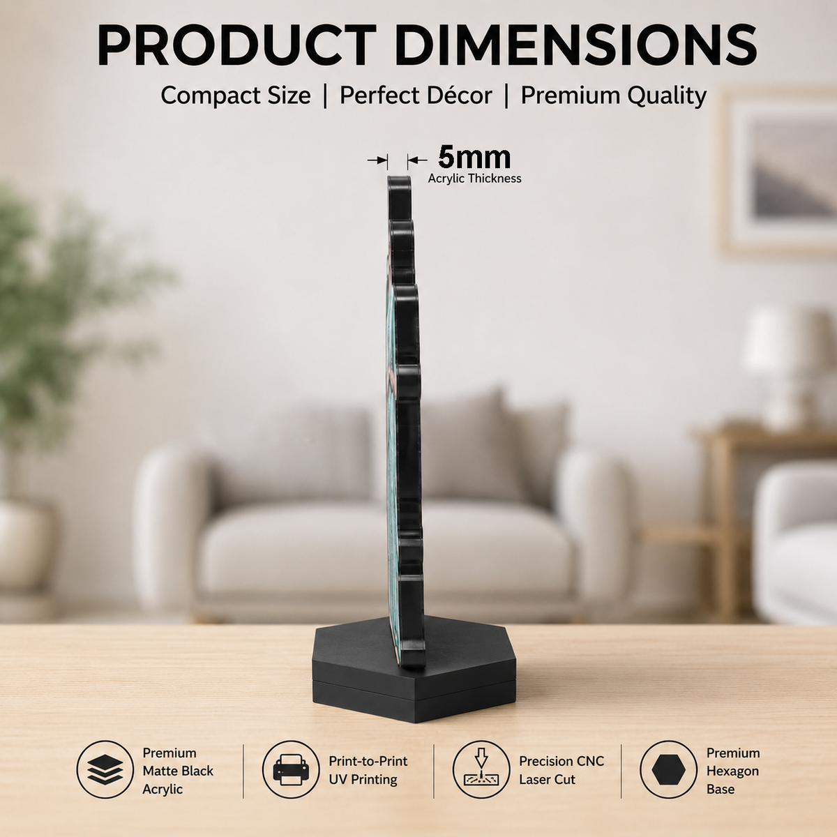 Acrylic photo caricature display stand with matte black base, 5mm thickness