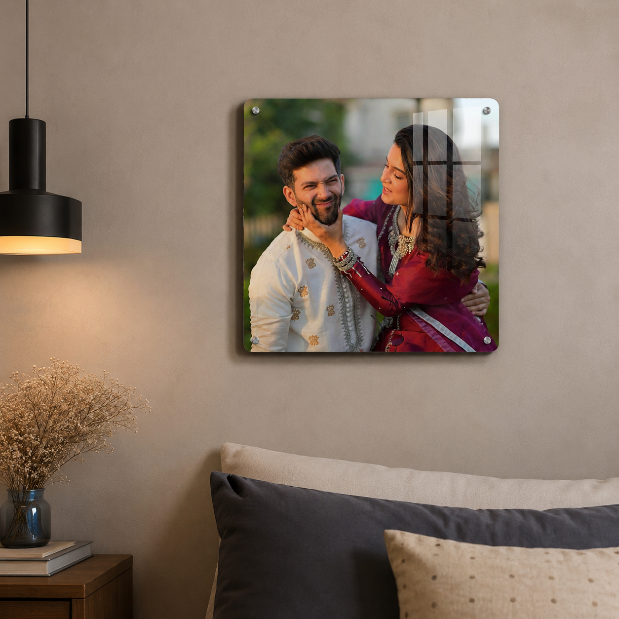 Square acrylic photo frame with rounded corners, showing a couple posing in a photo