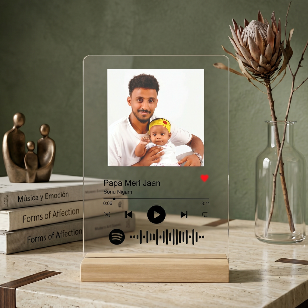 Acrylic photo frame with portrait, Spotify controls, and wooden stand