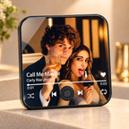 Music photo fridge magnet with photo screen, playback controls, and heart icon