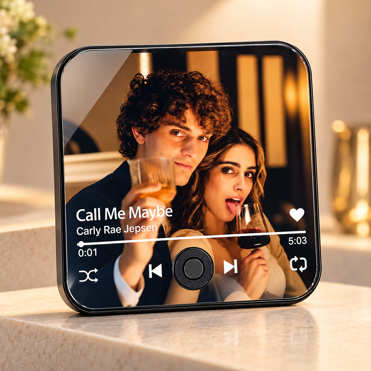 Music photo fridge magnet with photo screen, playback controls, and heart icon
