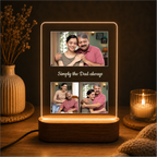 LED acrylic collage photo frame on dark wood base with glowing outline and three photos