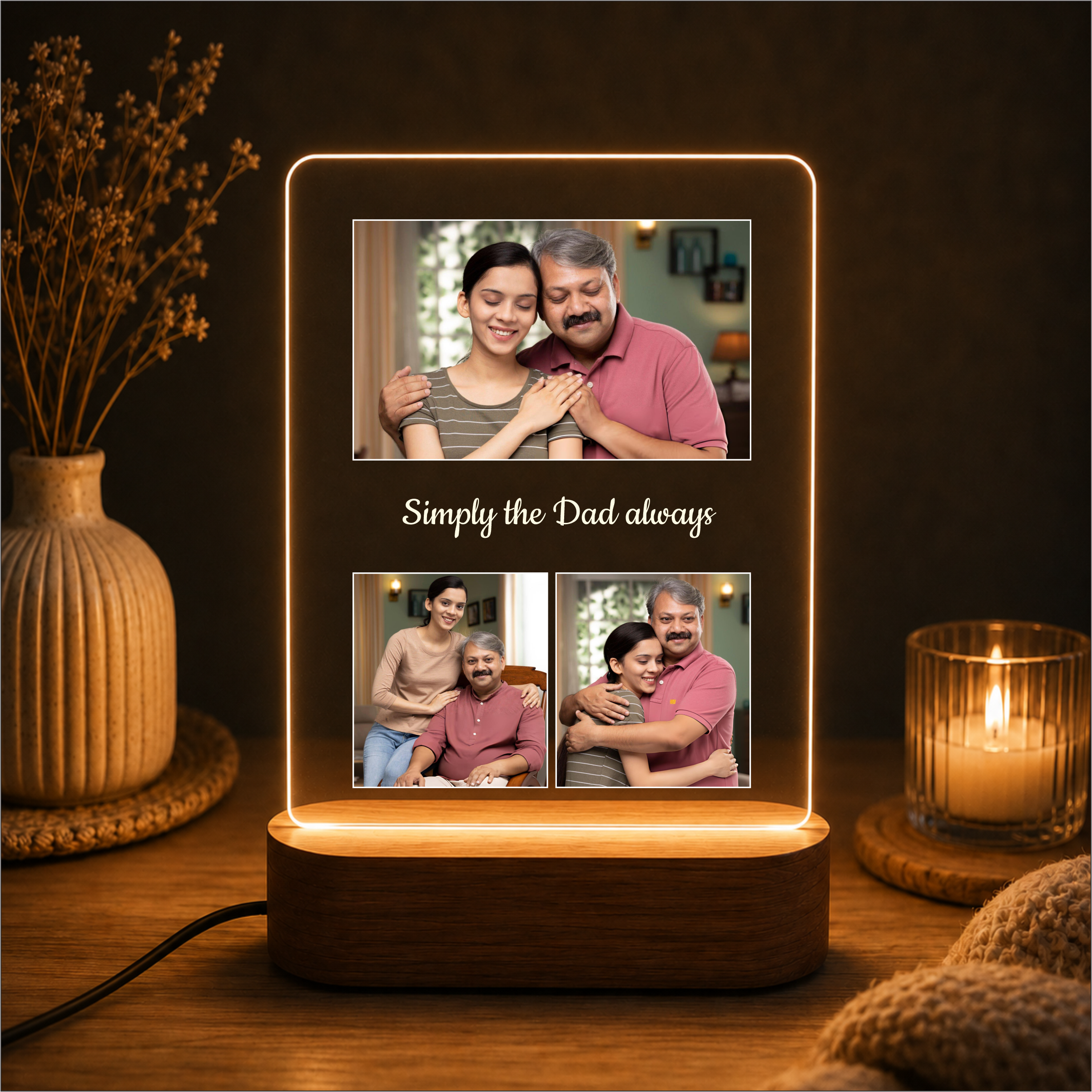 LED acrylic collage photo frame on dark wood base with glowing outline and three photos