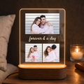 LED acrylic collage photo frame with warm glowing outline, two photo windows, script 'forever & a day'