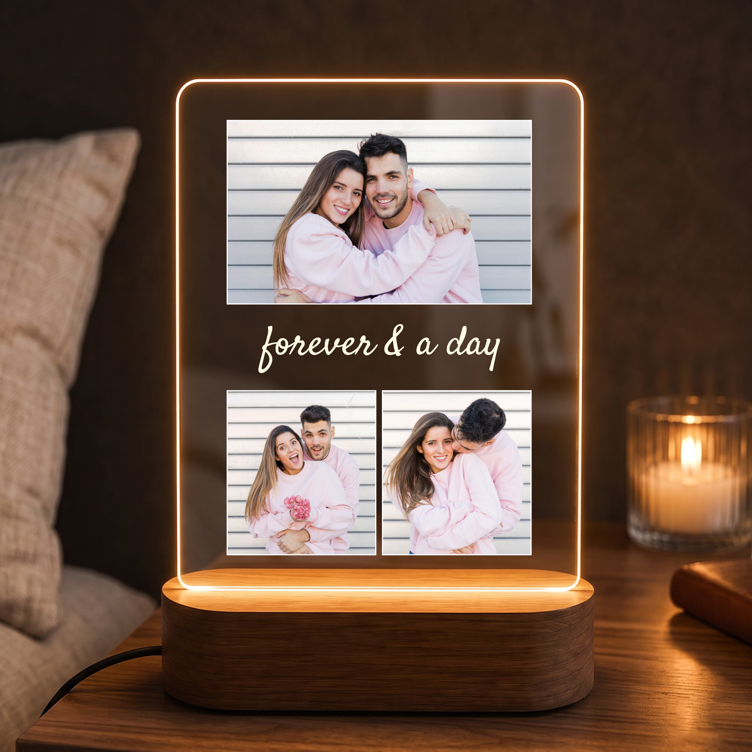 LED acrylic collage photo frame with warm glowing outline, two photo windows, script 'forever & a day'