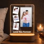 Warm LED acrylic desk photo frame with 3 mini photos, one large photo, and Love You Forever