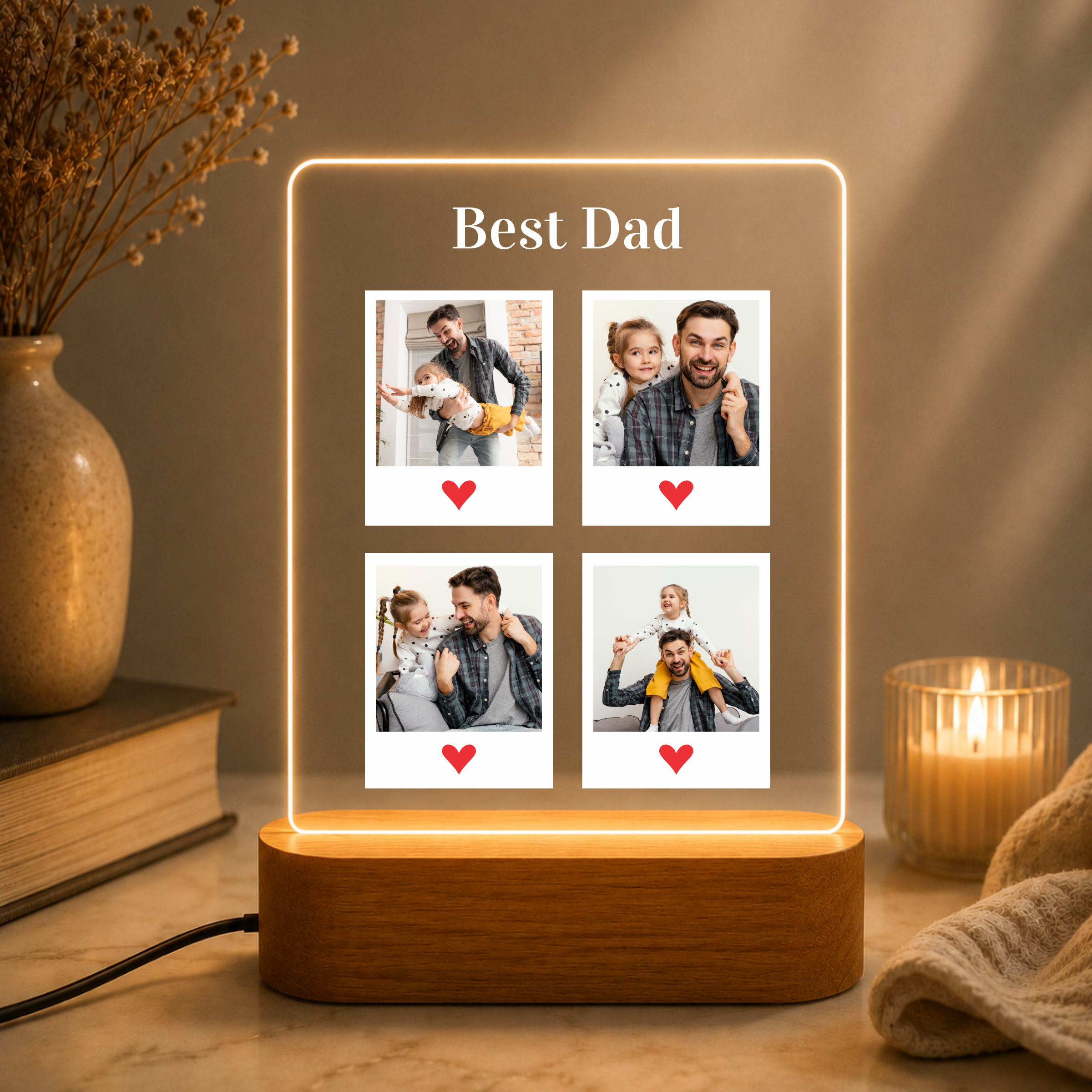 Edge-lit LED acrylic photo frame with four portrait tiles and warm light, on wood base