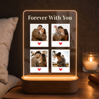 Edge-lit LED acrylic photo frame with four square photos and warm glow; reads “Forever With You”