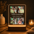 LED photo frame with four photos and warm glowing border, on wood base
