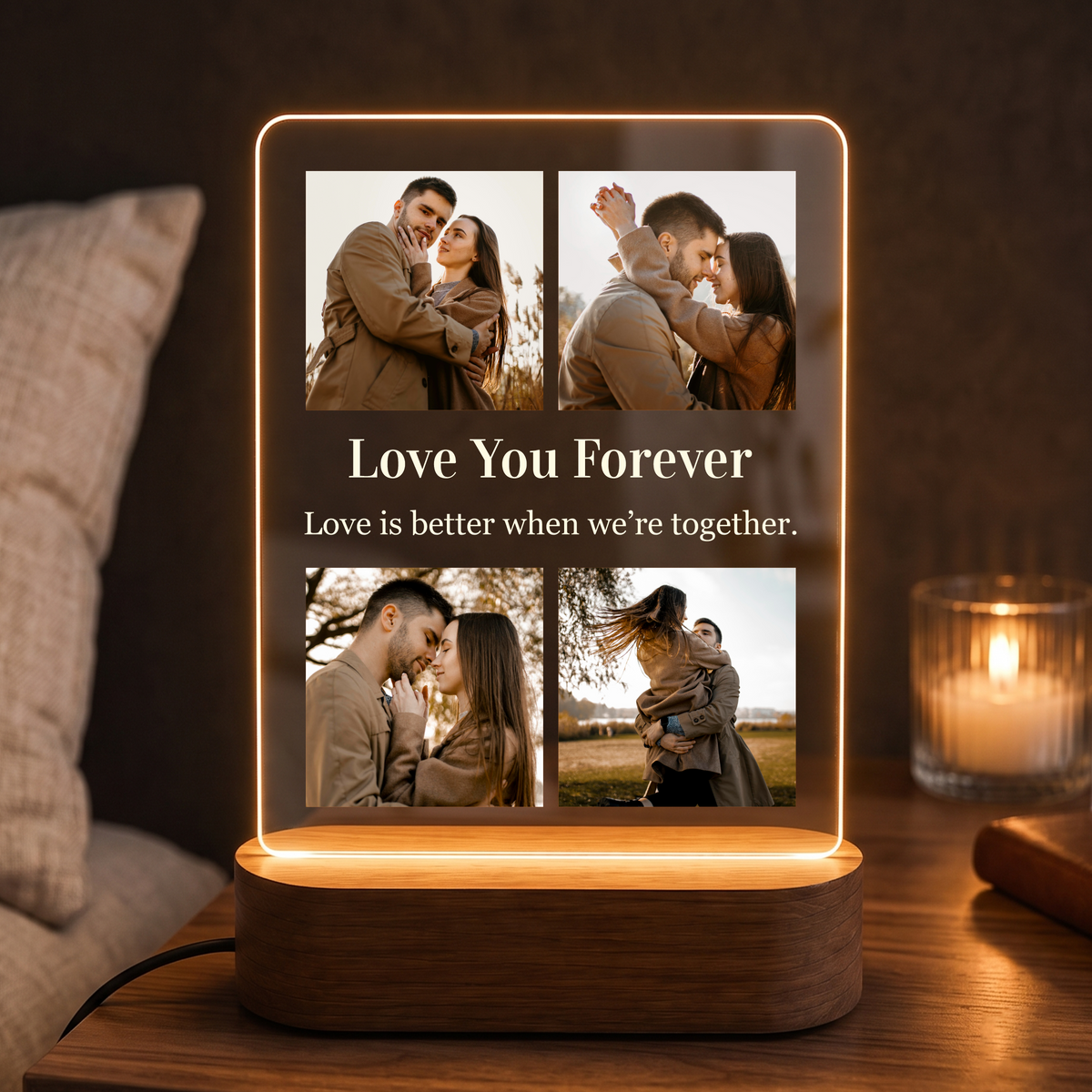 LED acrylic photo frame with 4-photo collage, warm glow outline, and wooden base