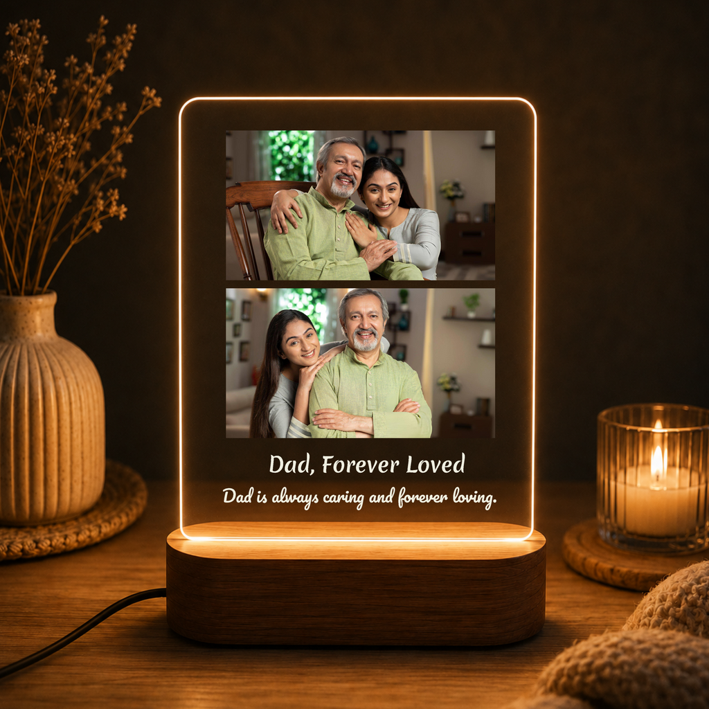 LED acrylic photo frame with two photos, warm glow border and round wood base