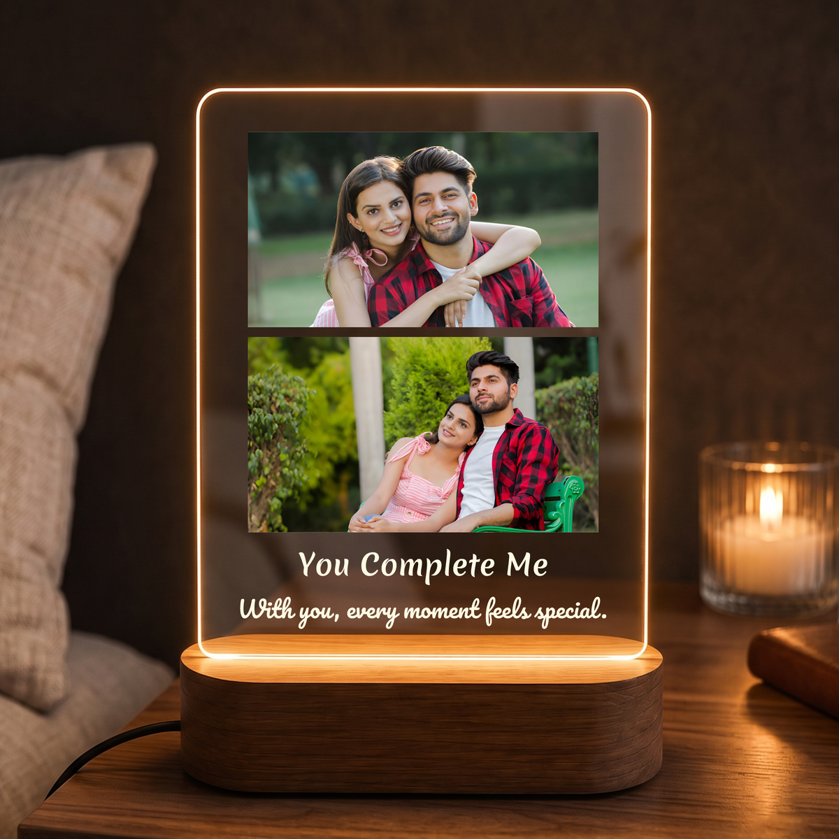 Vertical LED acrylic photo frame with duo layout and warm glowing border, black base