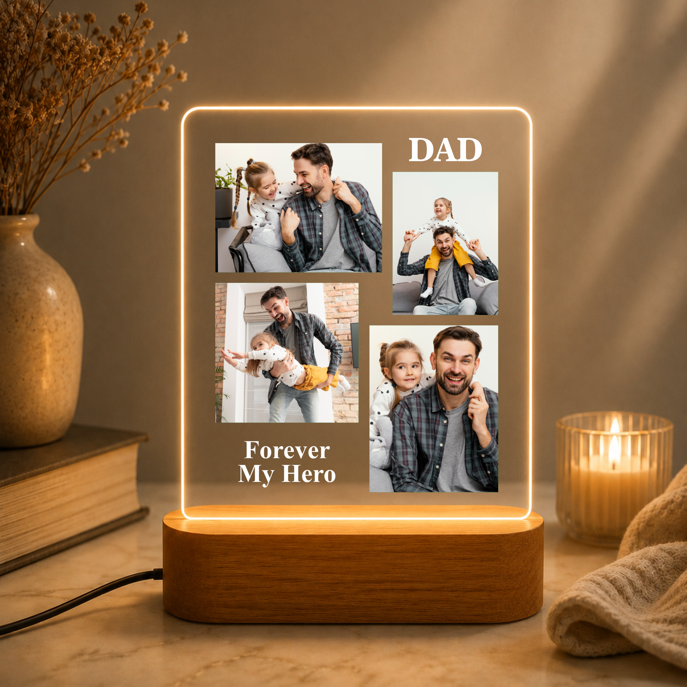 LED acrylic photo frame with four photos, Dad text, and warm glowing border on wood base
