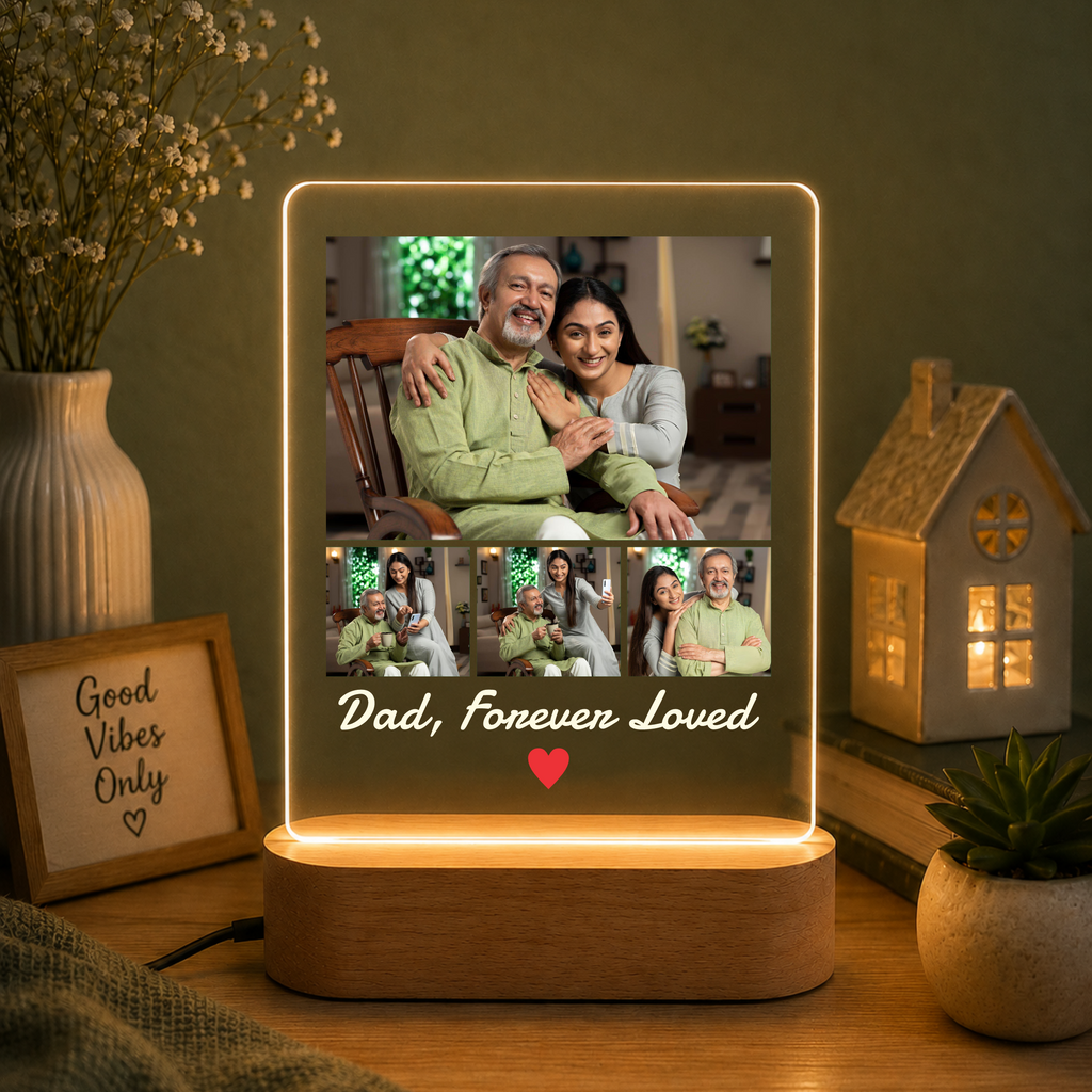 LED acrylic photo frame with warm glow outline, wood base, custom photo collage and heart