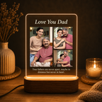 Warm LED acrylic photo frame with photo collage and border; “Love You Dad” text