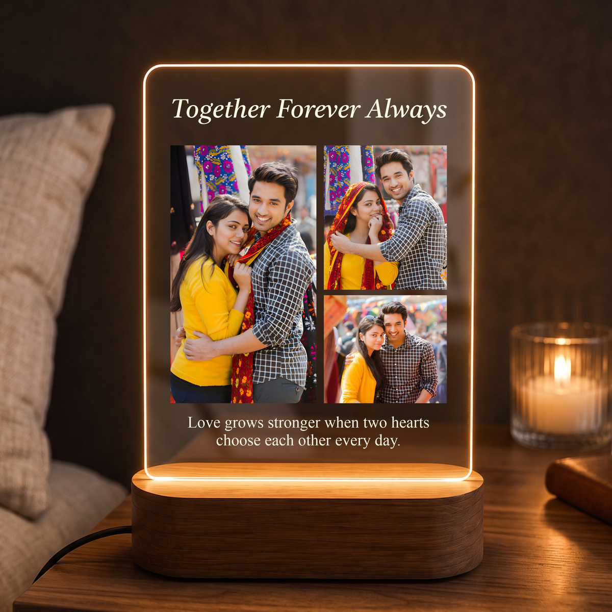 Custom LED acrylic photo frame with warm light border and 4-photo collage, text panel