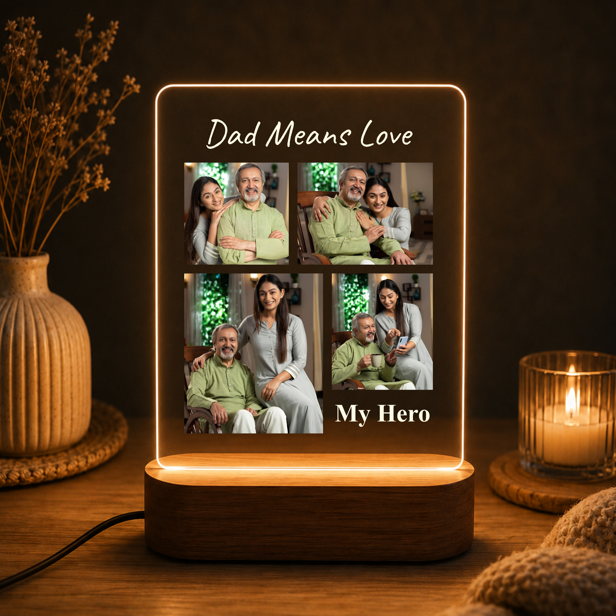 LED acrylic photo frame with wood base, glowing border and four-photo collage