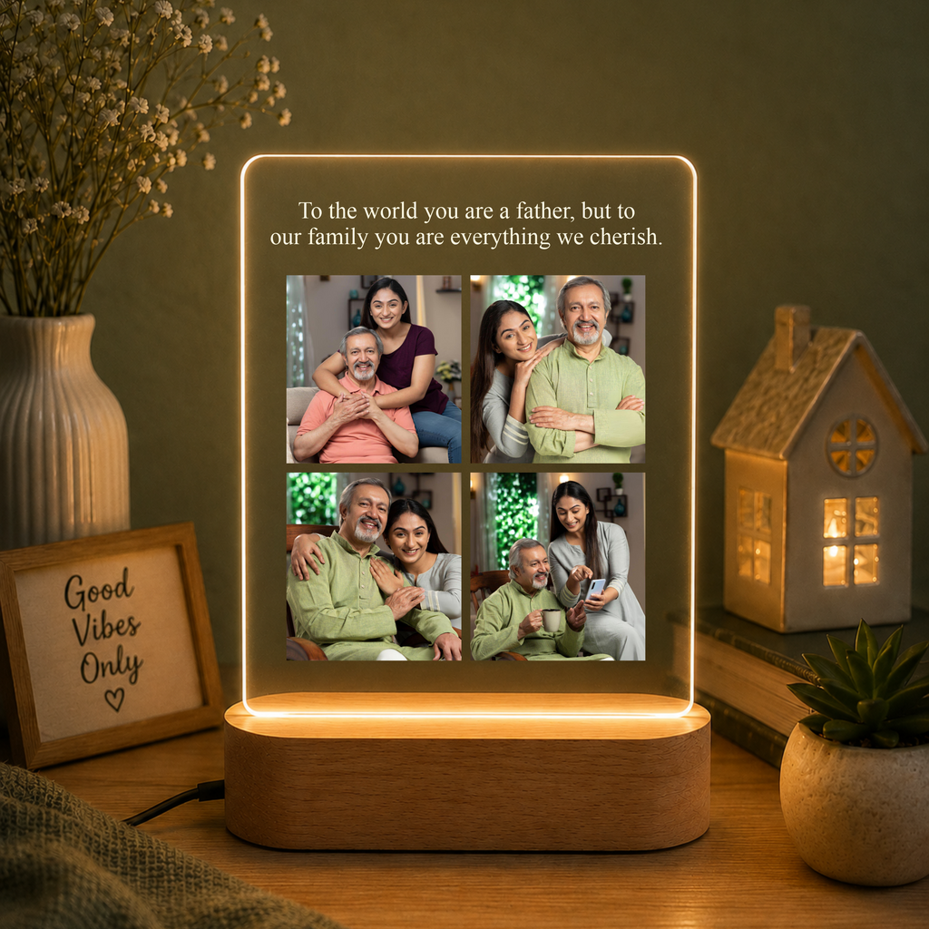 LED acrylic photo frame with quote text and four-photo collage on wood base