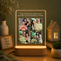 LED acrylic photo frame with quote text and four-photo collage on wood base