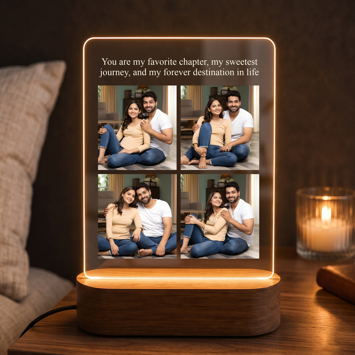 Custom LED acrylic photo frame with 4 photo slots and warm glowing border, quote text.
