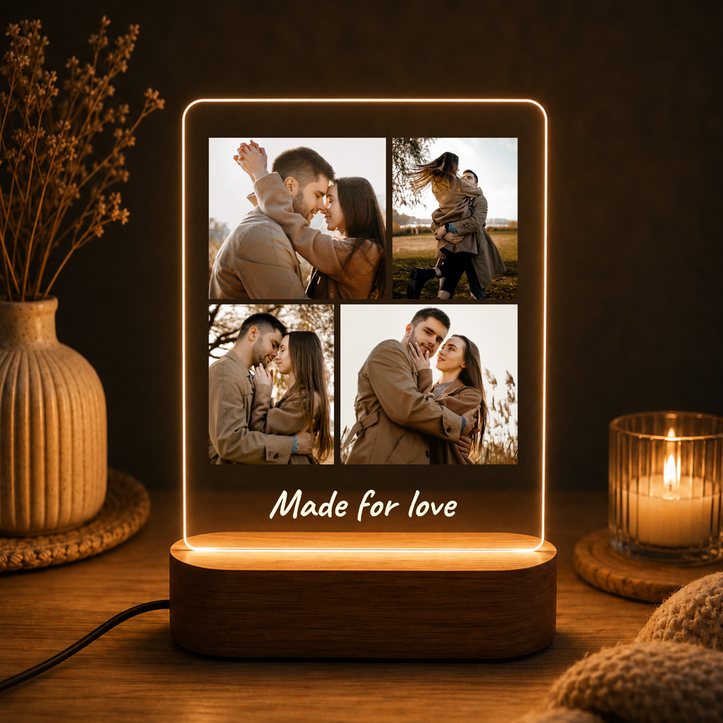 LED acrylic photo frame on wood base with four photos and warm glowing border
