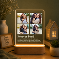 LED acrylic photo frame with four-photo grid and 'Forever Bond' on wooden base