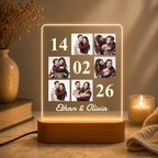 LED acrylic photo frame with 3 photo slots, glowing white outline and warm wooden base