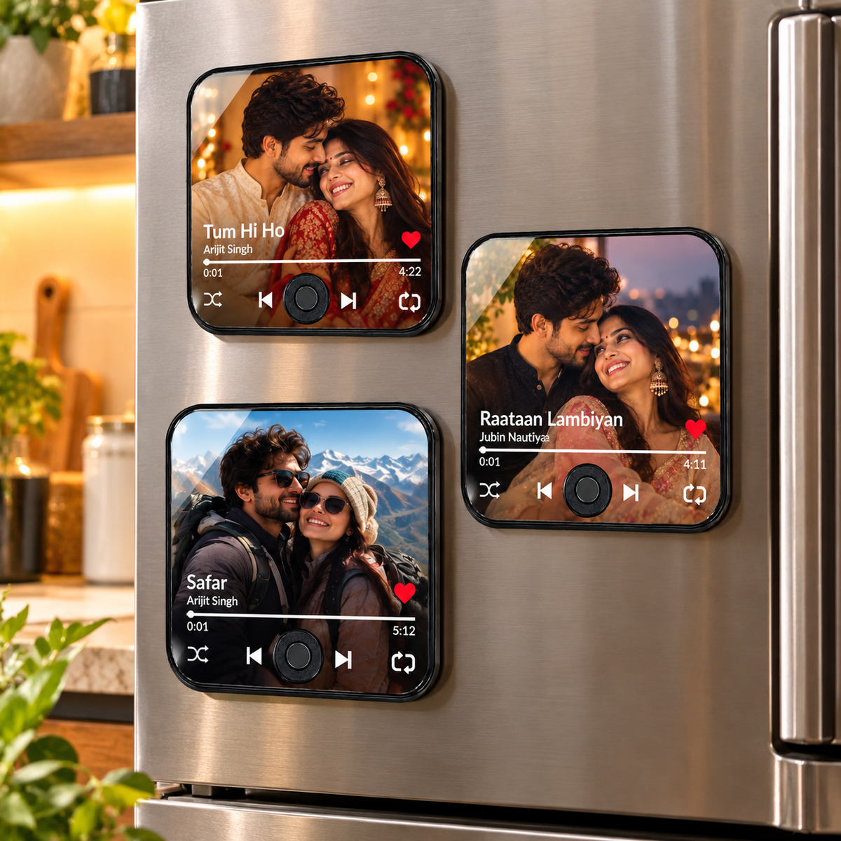 Two music photo fridge magnets on a stainless fridge with photo screens and controls