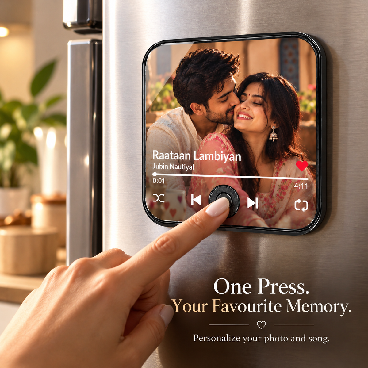 Music photo fridge magnet on fridge door with finger pressing the control button