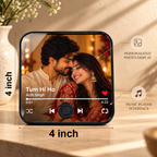 4-inch music photo fridge magnet with black frame, photo screen, and play buttons