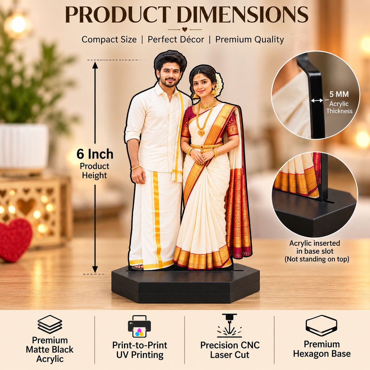Acrylic photo caricature display stand, 6 inch tall, 5mm acrylic thickness
