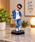 Personalized photo caricature display child figurine in denim with sunglasses and COOL KID T-shirt