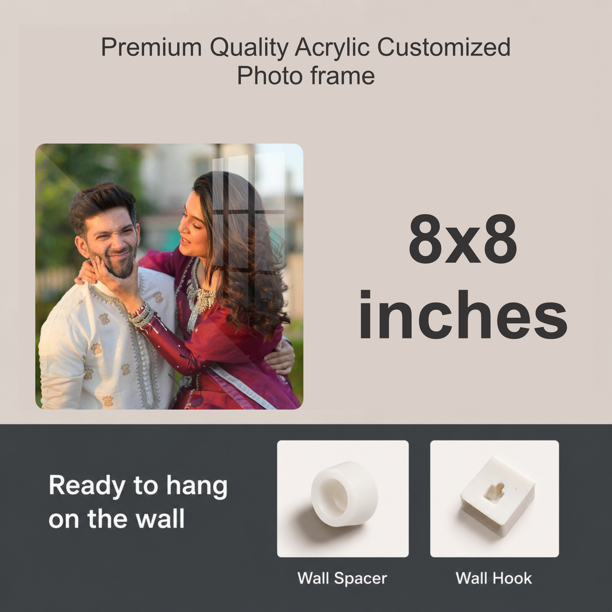 Square acrylic photo frame with wall spacer and wall hook for hanging