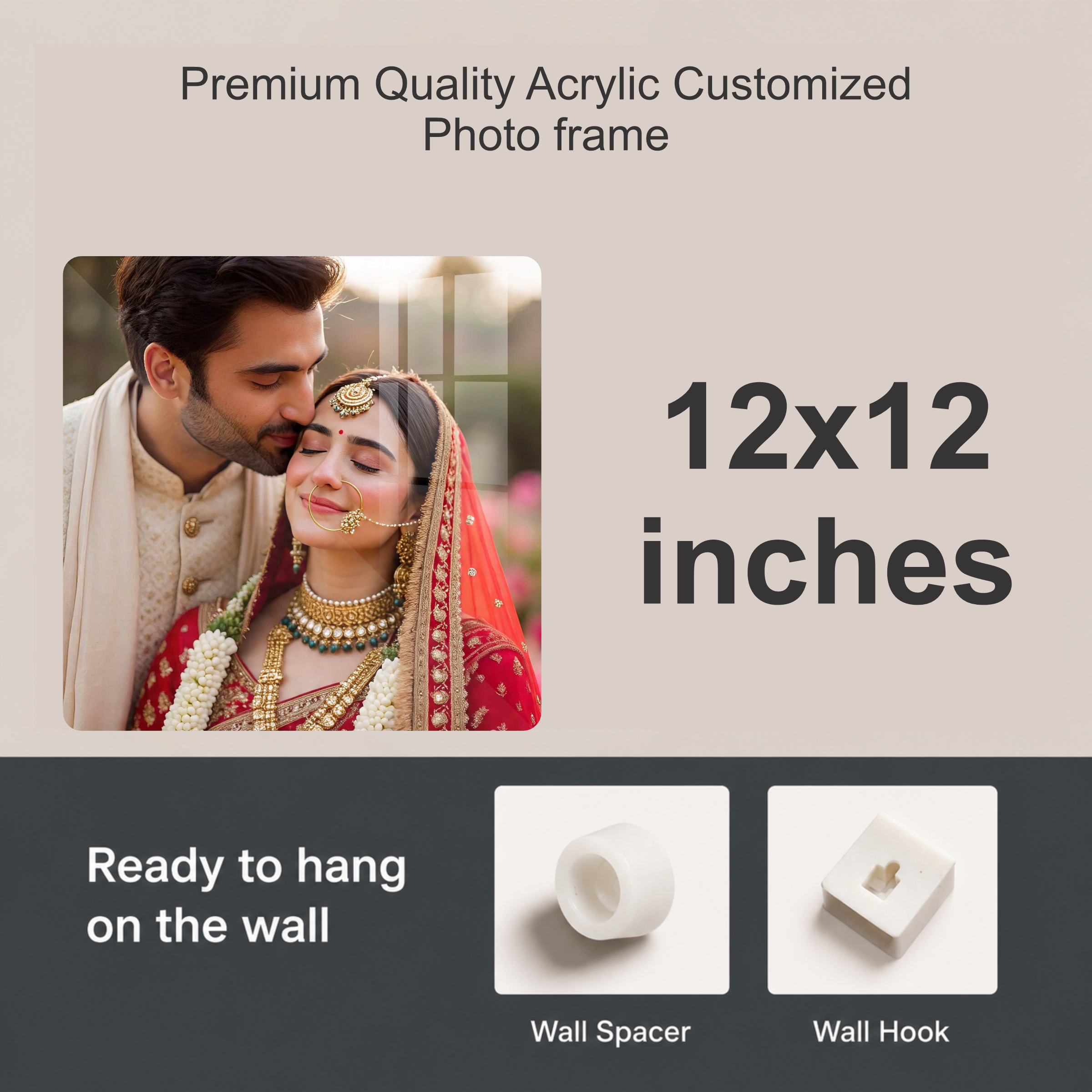 Acrylic customized photo frame with 12x12 size and wall hook and spacer
