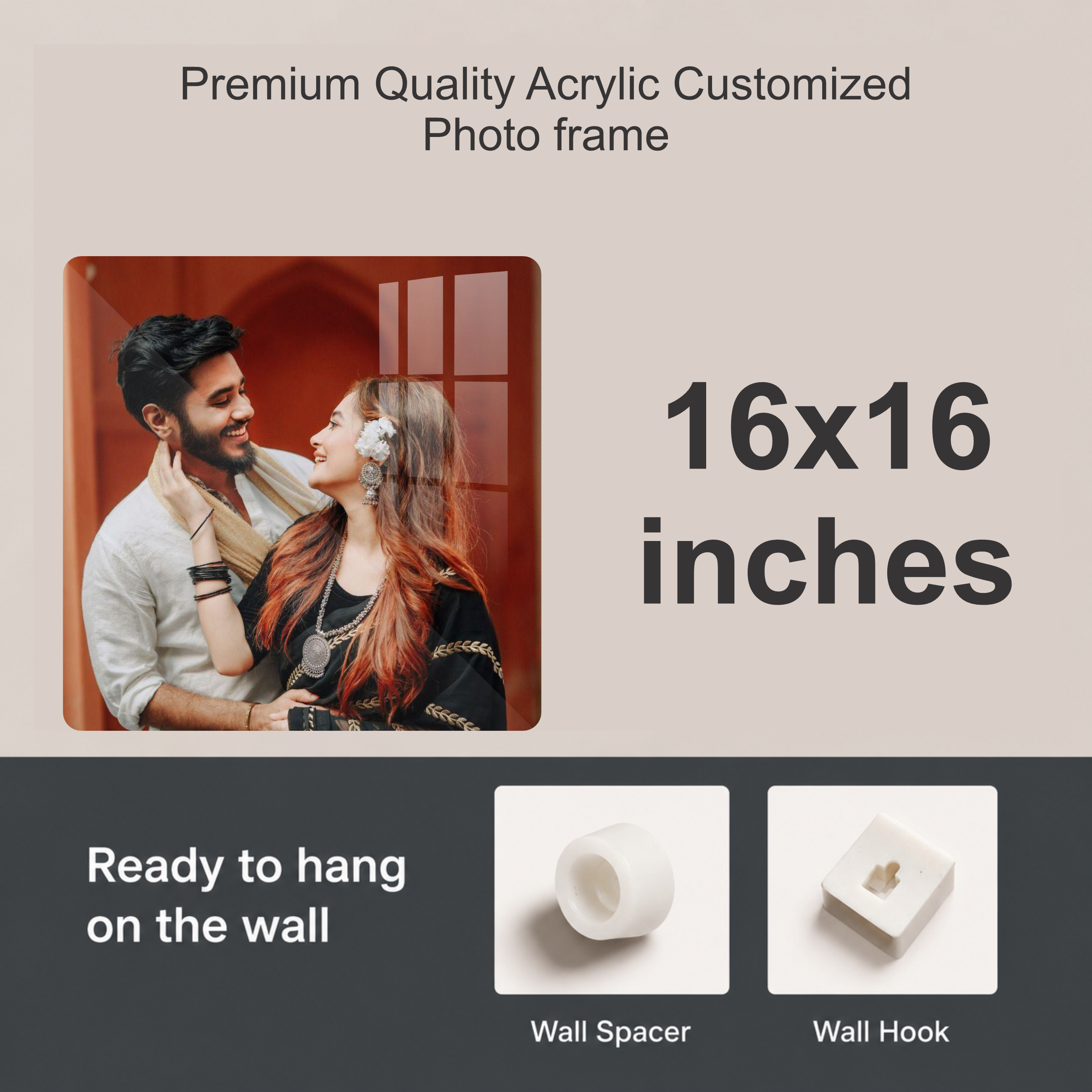 Square acrylic photo frame with rounded corners, showing a couple posing in a photo