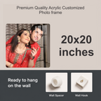 Square acrylic photo wall frame, 20x20 inches, ready to hang with wall spacer and hook