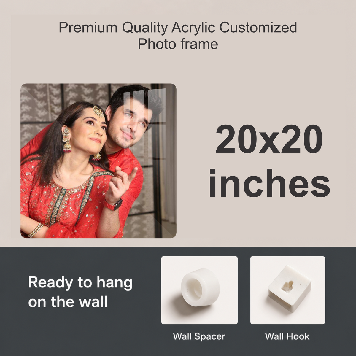 Square acrylic photo wall frame, 20x20 inches, ready to hang with wall spacer and hook