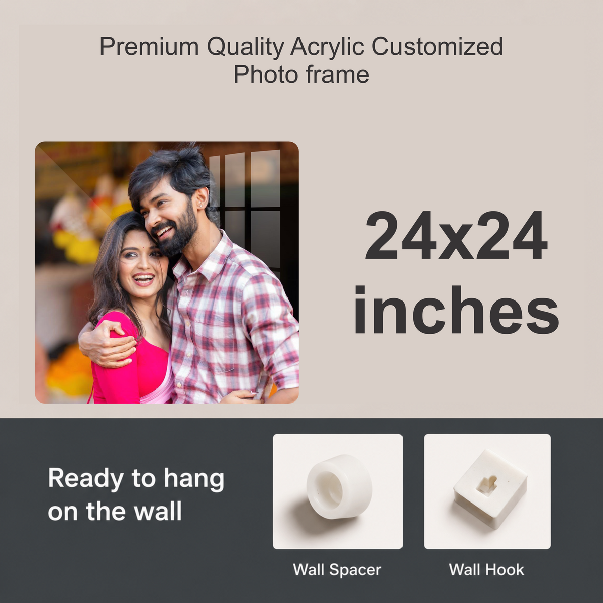 Square acrylic photo frame, 24x24 inches, ready to hang with wall spacer and hook