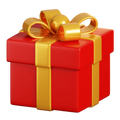 Wrapped red gift box with gold ribbon bow and matching gift wrap